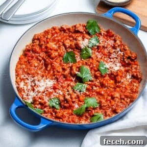 The finished ragu, garnished with some cheese and parsley.