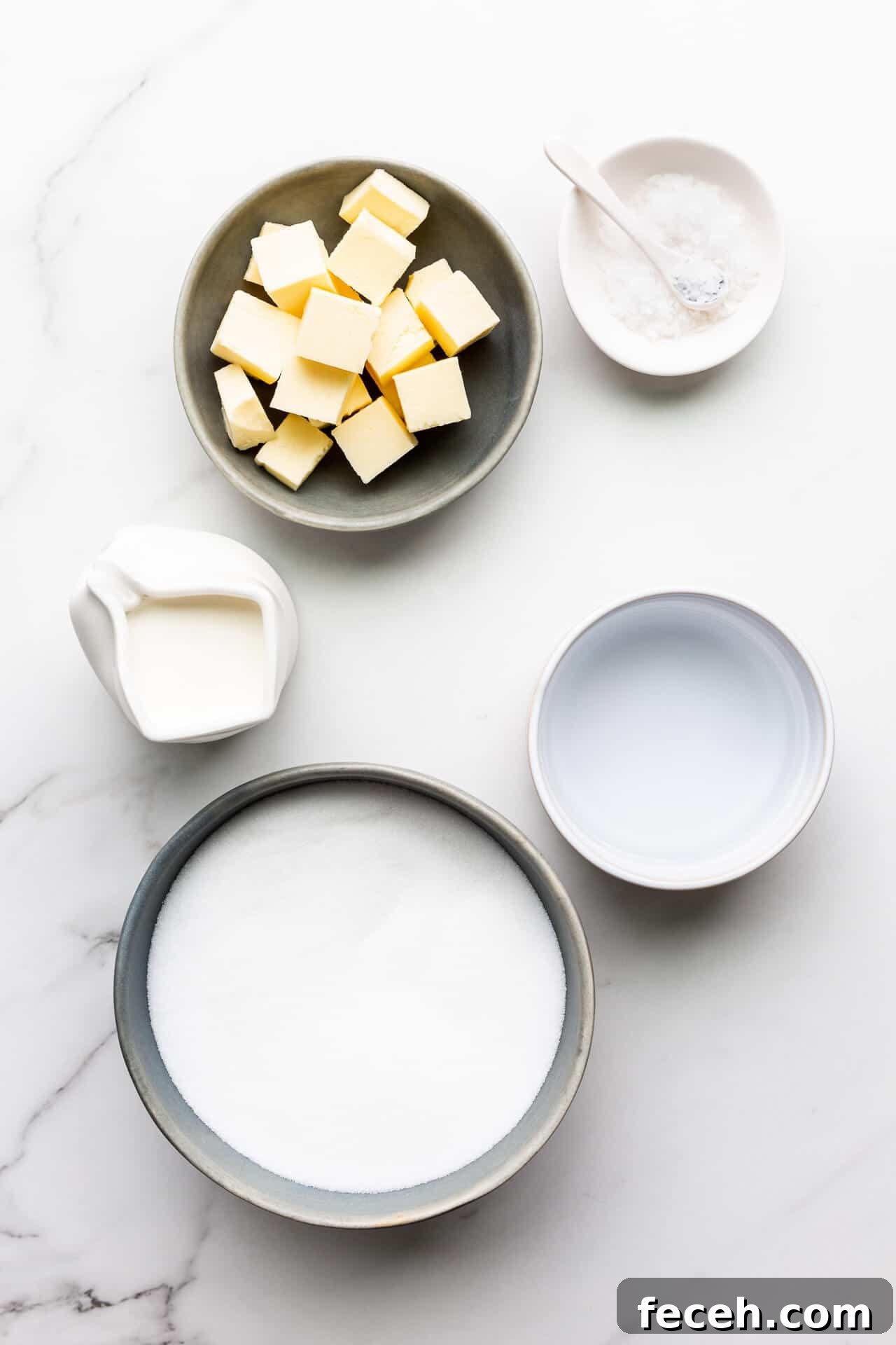 Ingredients for salted caramels include butter, salt, cream, sugar, and water