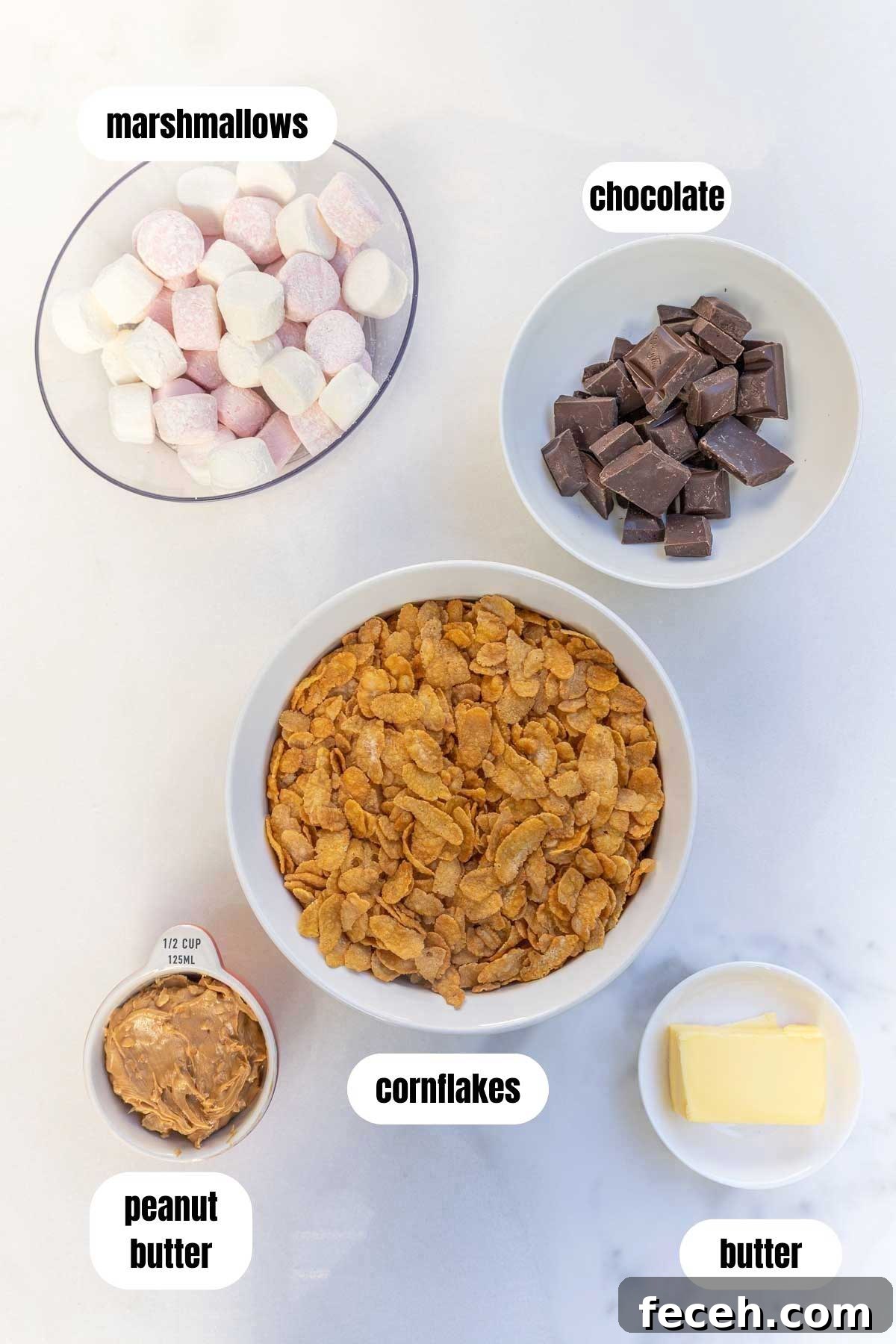 A collage of all the ingredients needed including cornflakes, peanut butter, marshmallows, butter, chocolate and marshmallows.