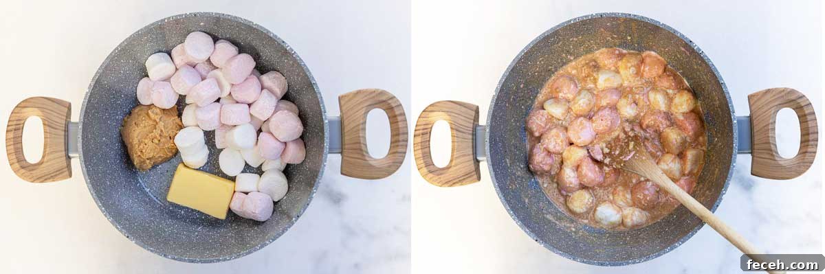 Collage of 2 images showing marshmallows, peanut butter and butter in a pan overhead and then melted together and with a wooden spoon in it.