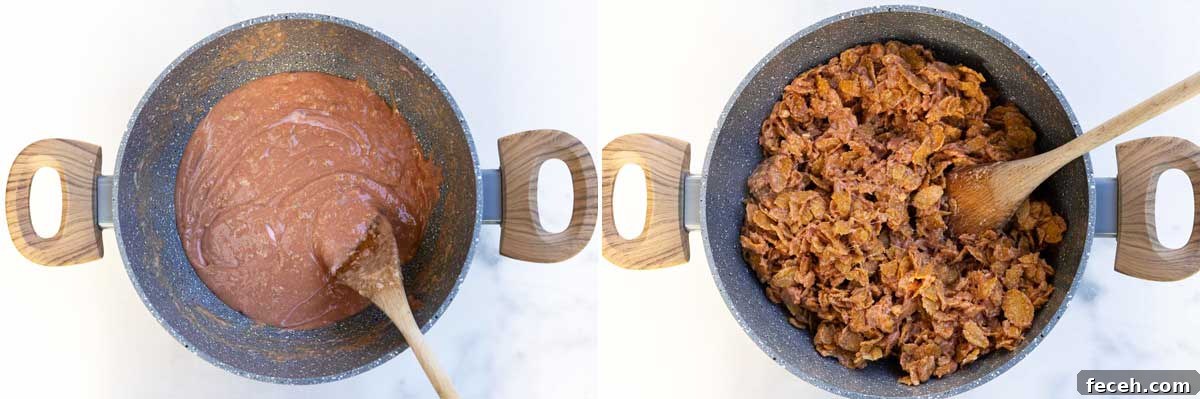 Collage of two images showing peanut butter marshmallow mixture in a pan overhead with a spoon in and again with cornflakes added in.