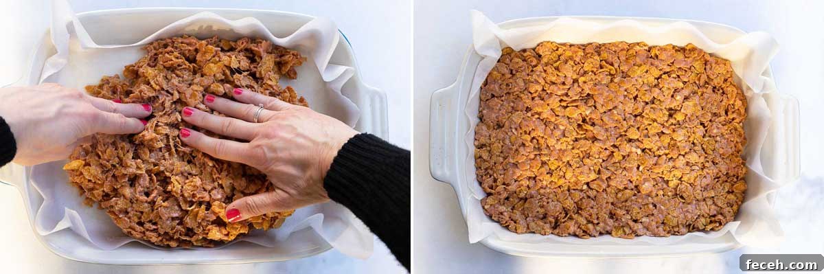 Collage of 2 images showing someone pressing peanut butter cornflake mixture into a large rectangular baking dish.