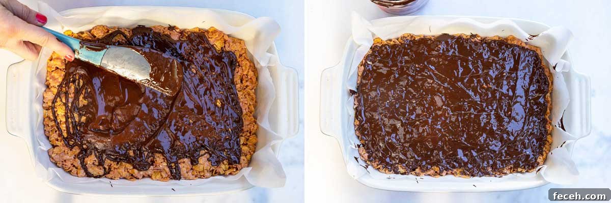 A collage of two images showing overhead of a baking dish with someone spreading melted chocolate onto cornflake bars and then with the chocolate all spread over the top.