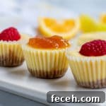 Close up of 3 mini cheesecakes on a white plate.
