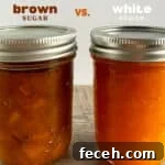 Brown sugar apricot jam side-by-side with white sugar jam with text labeling each.