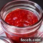Apricot raspberry jam in a glass jar on a red checked napkin.