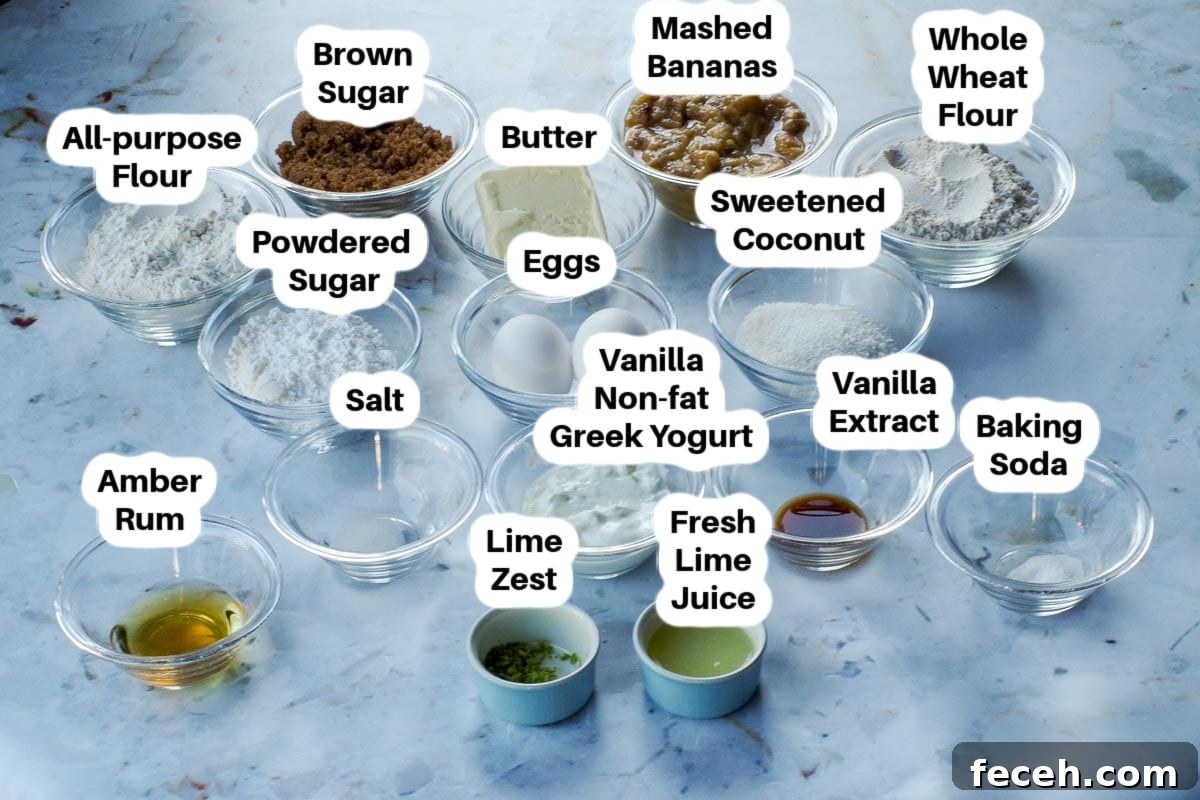 Ingredients in Tropical Banana Bread in glass bowls, labelled.