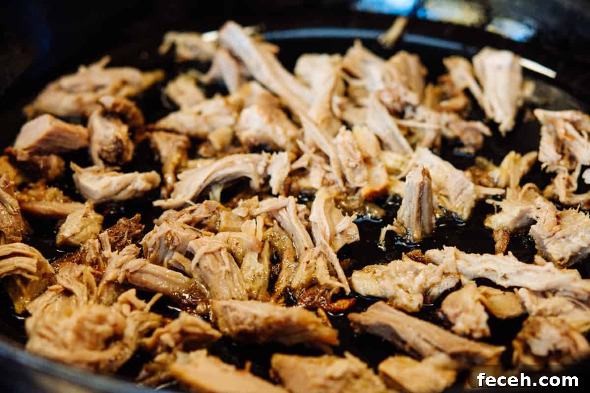 leftover pulled pork in a cast iron skillet