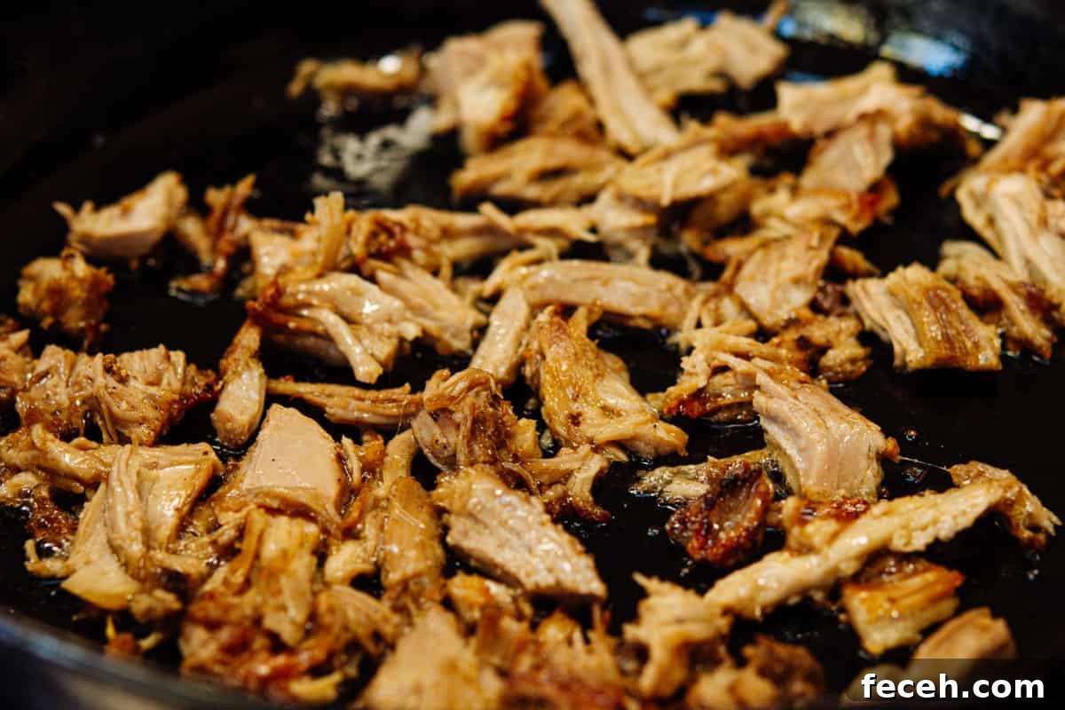 pulled pork crisped in a cast iron skillet