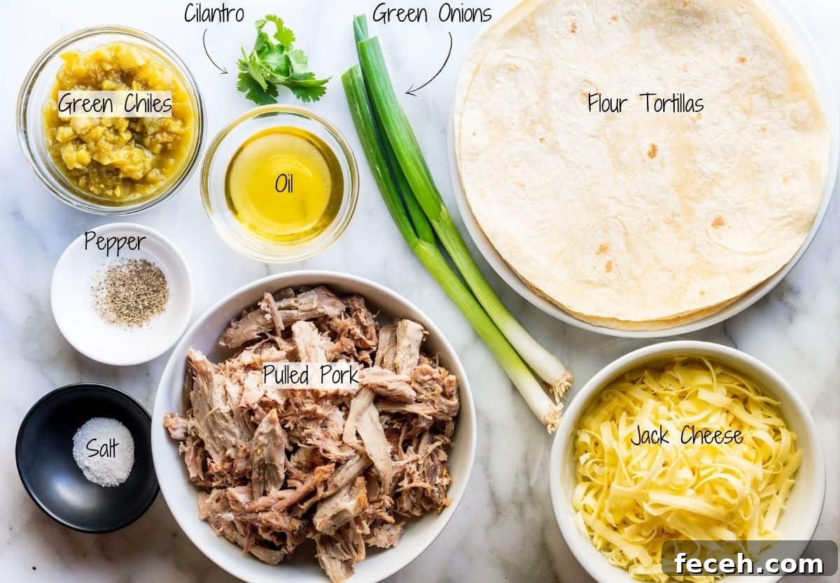 Pulled Pork Enchiladas Ingredients on a white marble board.