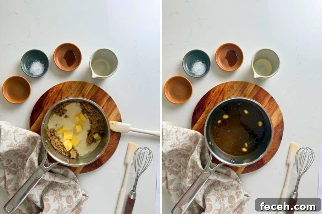 Two photos to show adding ingredients to a saucepan and melting them together to make homemade caramel dip.