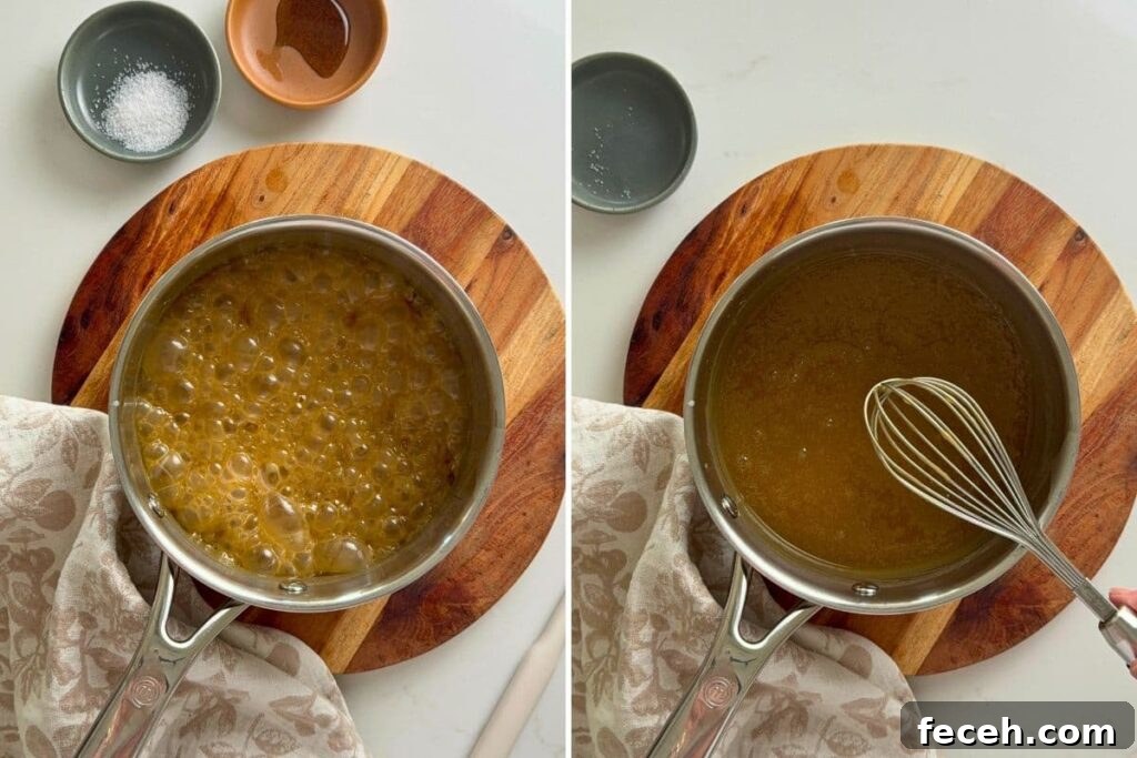 Two photos to show boiling ingredients and mixing in vanilla and salt to make homemade caramel dip.