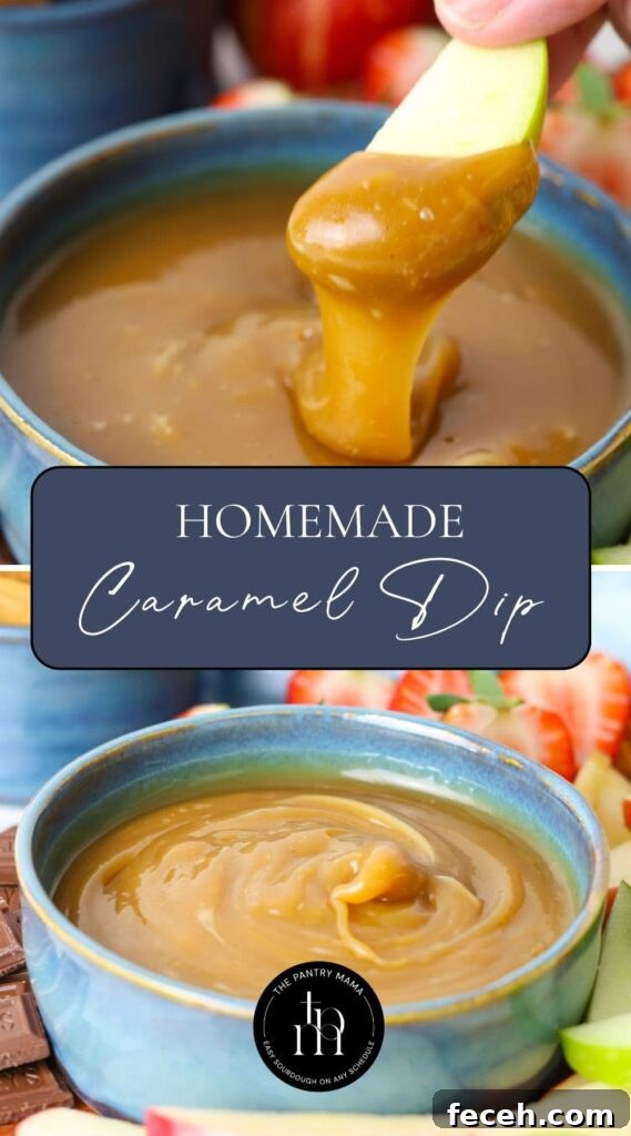 Two images with text overlay for a Pinterest Pin for homemade caramel dip.