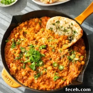 Curry topped with cilantro and serrano slices, served in a skillet with naan.